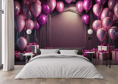 3d interior render with plum and pink balloons gift boxes realistic glossy composition with empty space for birthday party or other promotion social media banners text poster size illustration Wall mural