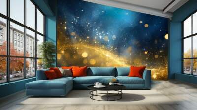 abstract blue and gold background with particles golden dust light sparkle and star shape on dark endless space wallpaper christmas new year s eve cosmos theme shiny fantasy galaxy concept Wall mural