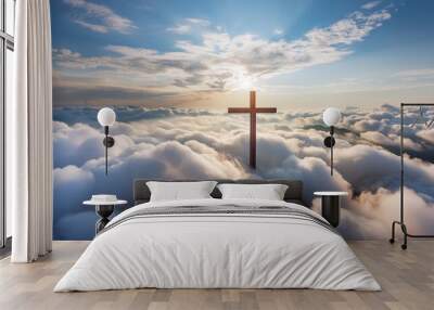 christian cross appeared bright in the sky with soft fluffy clouds white beautiful colors with the light shining as hope love and freedom in the sky background Wall mural