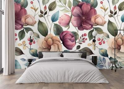 colorful seamless floral pattern with abstract flowers leaves and berries watercolor print in rustic vintage style textile or wallpapers in provence style isolated on white background Wall mural