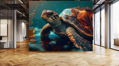 Concept Pollution nature water from oil spill. Sea turtle covered in oil petrol waste. Generation AI. Generative AI Wall mural