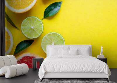 flat lay composition with slices of fresh lemon orange grapefruit lime green leaves on yellow background top view copy space citrus juice concept vitamin c fruits creative summer background Wall mural