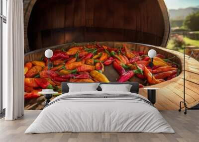 fresh hatch chilis in an outdoor barrel roaster getting ready to be cooked Wall mural