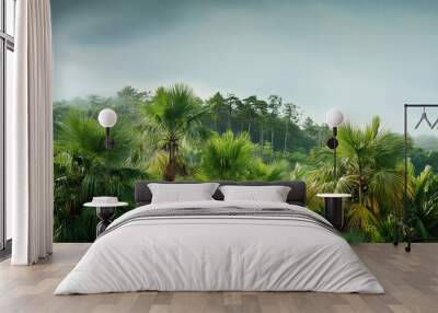 green palm tree and pine forest illustration Wall mural