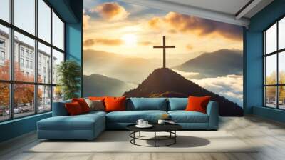 holy cross on top of mountain at sunset or sunrise symbolizing the death and resurrection of jesus christ hill is shrouded in light and clouds horizontal background religion christianism concept Wall mural