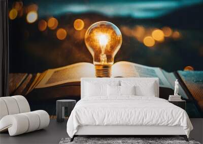 illuminating pages of open book with glowing light bulb symbolizes enlightening power of education research and creative thinking book possibly piece of literature or scholarly text Wall mural