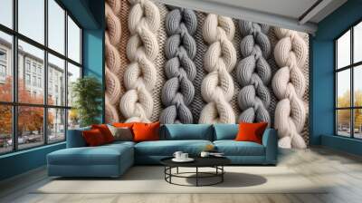 knitted wool texture background cozy and warm fabric patterned surface soft and fuzzy beige and gray backdrop Wall mural