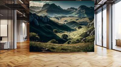 Landscape with mountains and valley. Generative ai.  Wall mural