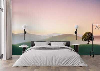 minimalist landscape illustration of rolling hills and a lone tree with gentle color gradients depicting serene peaceful environment emphasizing simplicity and tranquility nature modern artistic style Wall mural