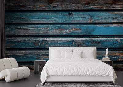 old shabby wooden boards background with traces of blue paint texture of old wood vintage rustic traces of paint dark blue brown black Wall mural