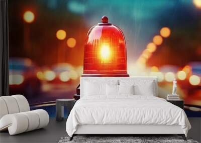 red emergency siren urgency alert and security police attention light signal or beacon flash ambulance rescue danger alarm sign on car warning background with traffic glowing bulb accident 3d render Wall mural