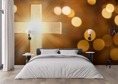 religious cross in abstract shining gold sparkles and radiant lights symbolism of heaven or the resurrection Wall mural