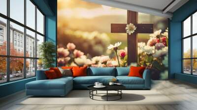 religious themed wooden cross and spring flowers Wall mural