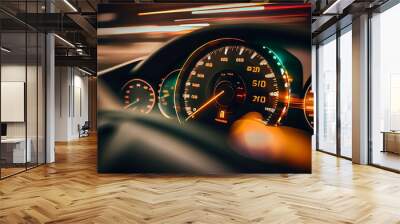 The speedometer of a modern car shows a high driving speed. Added motion blur. Generative AI Wall mural