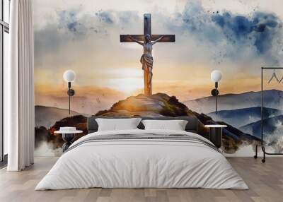 watercolor painting of the cross on golgotha capturing the solemnity and sanctity of the site Wall mural