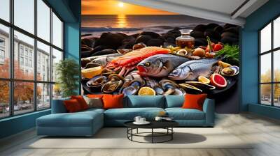 A delectable collection of fresh fish and seafood is artfully arranged on a sleek, black slate background. The assortment includes a variety of whole fish, crustaceans, and mollusks - 1 Wall mural