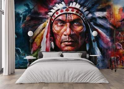 native indian art american indian painting indian Man portrait, Realistic Detailed, StillLife painting,  - 1 Wall mural