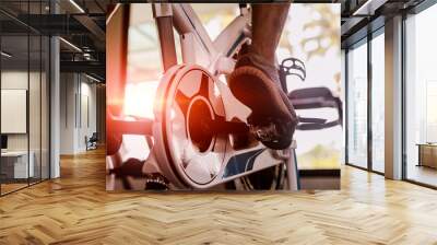 Fit man working out on exercise bike at the gym. Healthy and funny lifestyle concept. Wall mural