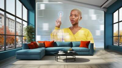 Black woman, tablet and touching futuristic screen for digital innovation, planning or data overlay. African female person or employee working on future touch technology, hud or dashboard display Wall mural