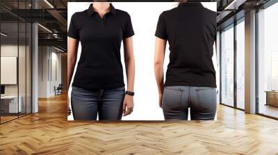 Front and Back View of Female Black Polo Shirt For Design Wall mural