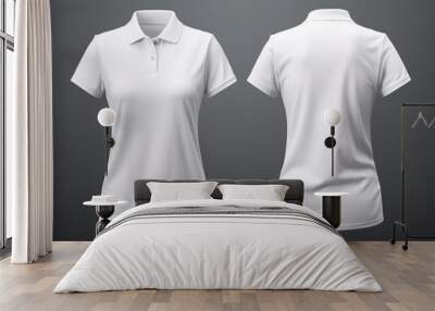 Front and Back View of Female White Polo Shirt For Design Wall mural