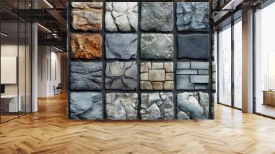 A collection of different textures of stone and brick. The textures range from rough and jagged to smooth and polished. Concept of ruggedness and strength, as well as a connection to nature Wall mural