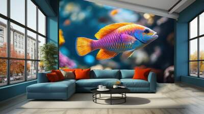 A colorful fish swimming in a tank with other fish Wall mural