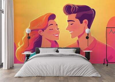 A couple is shown in a cartoonish style, with the man smiling Wall mural