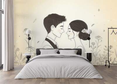 A couple is shown in a drawing, with the man wearing a suit Wall mural