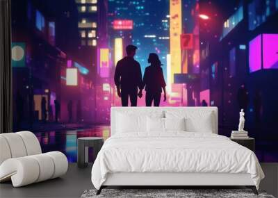 A couple is walking down a city street at night Wall mural