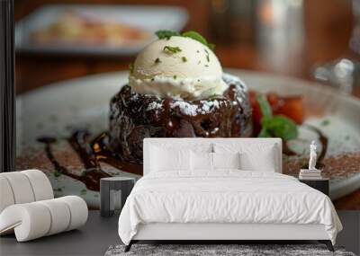 A dessert with chocolate and ice cream on top Wall mural