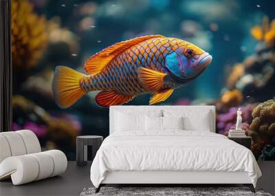 A fish is swimming in a tank with colorful coral Wall mural