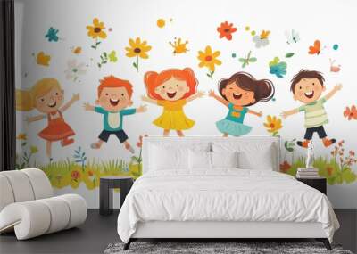 A group of children are playing in a field of flowers Wall mural