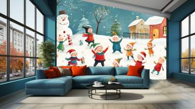 A group of children are playing in the snow, with a snowman in the background Wall mural