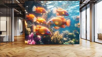 A group of fish swimming in a coral reef Wall mural