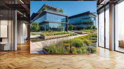 A large building with a green roof and a garden in front of it Wall mural