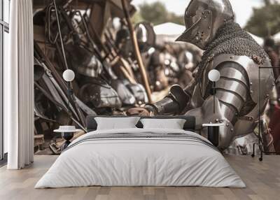 A man in a suit of armor is standing in front of a table full of swords Wall mural