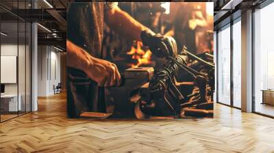 A man is working on a piece of metal in a workshop Wall mural