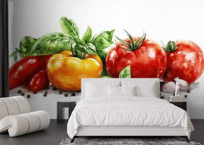 A painting of a variety of vegetables including tomatoes, peppers, and basil Wall mural