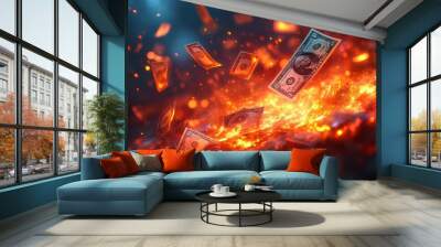 A pile of burning money with a dollar bill flying through the air Wall mural