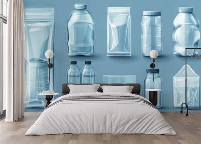 A set of plastic containers and bottles, including a jar, a bottle, and a bag. Concept of organization and cleanliness, as the containers and bottles are all neatly arranged and labeled Wall mural