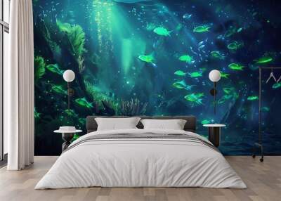 A single blue goldfish swimming in a tank with green plants. Wall mural