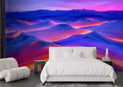 A stunning desert landscape at twilight, featuring vibrant hues of purple and orange illuminating the undulating sand dunes. Wall mural