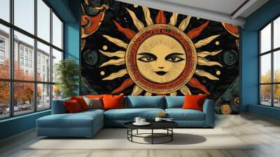 A sun with a face drawn on it is surrounded by a black background Wall mural