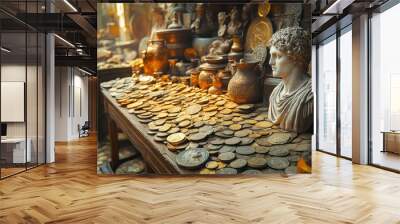 A table full of gold coins and a statue of a woman Wall mural