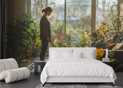 A woman is vacuuming a living room with a lot of plants Wall mural