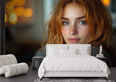 A woman with red hair and blue eyes is sitting on a couch Wall mural