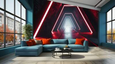 Abstract futuristic tunnel with red neon lights. Wall mural