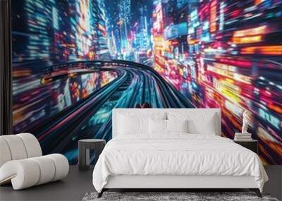 Futuristic city lights blur as a car speeds through the night. Wall mural