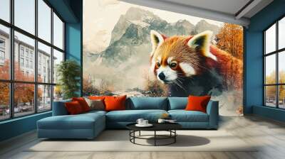 Red panda portrait with mountain and forest in background. Wall mural